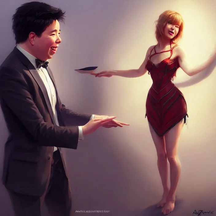 Prompt: michael mcintyre flirting with a singing waitress, elegant, real life skin, intricate artwork, high detailed, artstation, concept art, smooth, sharp focus, art by artgerm and greg rutkowski