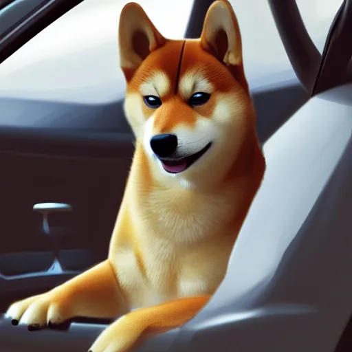 Image similar to anthro shiba inu driving a car, digital art