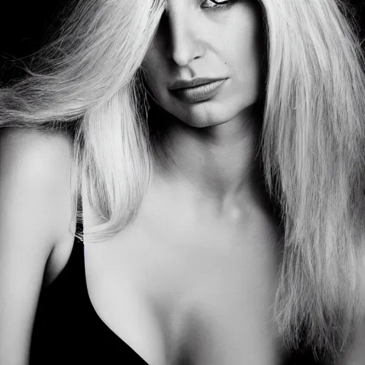 Image similar to black and white portrait of a blonde woman by annie leibovitz in 4 k ultra high resolution and with medium shot photo