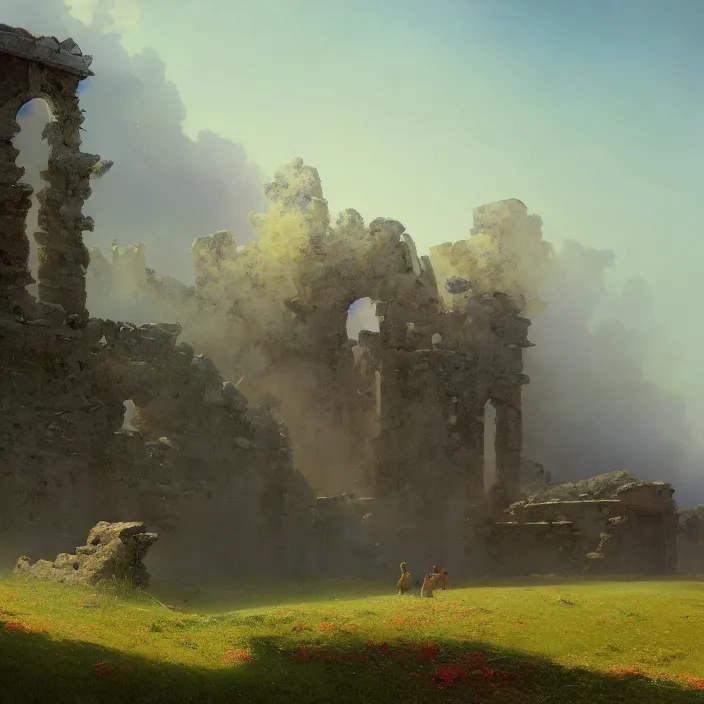 Prompt: a beautiful painting of ruins on the grassland by ivan aivazovsky and zdzisław beksinski and rene magritte and greg rutkowski and franklin booth, in style of digital art. hyper detailed, sharp focus, soft light. octane render. ray tracing. trending on artstation