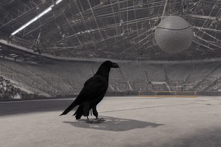 Image similar to the raven bird in the sports arena, octane render, realistic, unreal engine 5, raytracing, trending on artstation