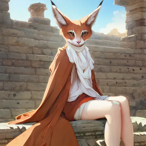 Image similar to a digital art of cute fluffy anthropomorphic caracal wearing toga, ancient greek city, sunny day, by greg rutkowski and makoto shinkai, krenz cushart and mucha and akihito yoshida and, long shot, back lighting, detailed, 4 k resolution, trending on art station