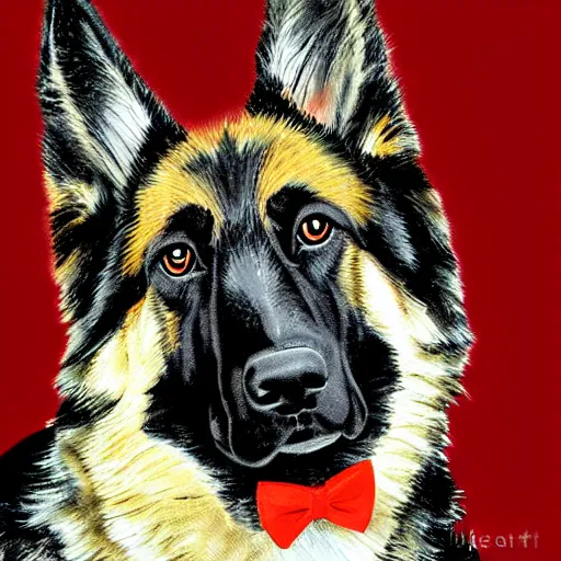 Prompt: german shepherd wearing a tuxedo with a red bow tie, digital art, highly detailed,