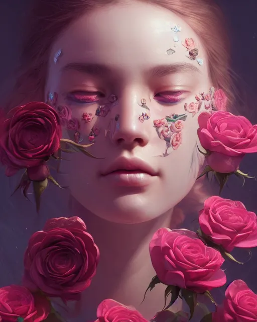 Prompt: portrait of a female face with roses instead of eyes. roses, intricate abstract upper body intricate artwork, by tooth wu, wlop, beeple, dan mumford. concept art, octane render, deviantart, greg rutkowski, cinematic arthouse, key art, hyper realism, iridescent accents