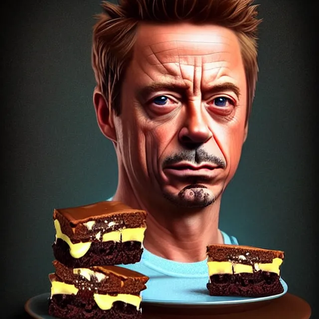 Image similar to epic professional digital art of robert downie jr. as a brownie, award winning food photo,, artstation, cgsociety, epic, stunning, gorgeous, much wow, much detail