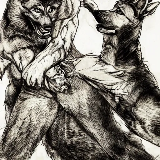 Image similar to a humanoid german shepherd beast - man wrestling with another german shepherd in the middle of an arena, pencil art, added detail, high definiton, colored, aerial viewyoji shinkawa