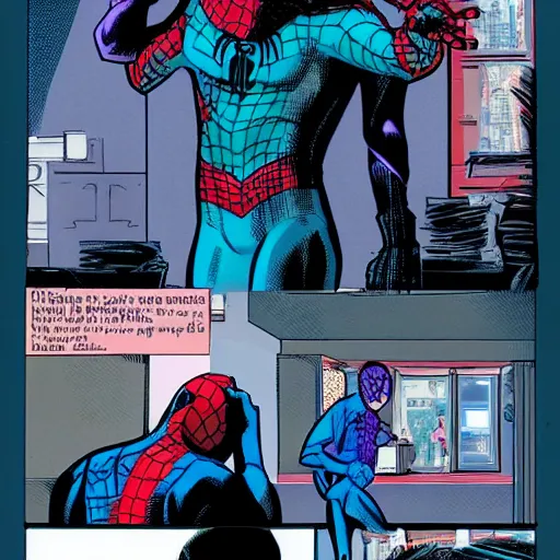 Prompt: spider man comic in cyberpunk future