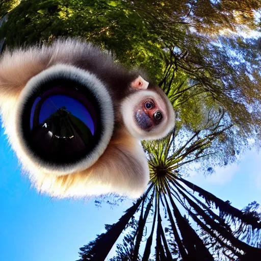 Image similar to gibbon gangling upside down from a hot - air balloon, posing for the camera, fisheye lens