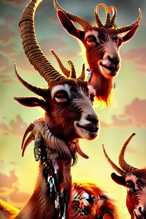 Prompt: highly detailed portrait of a three - headed goat wearing golden crown and pink dress, stephen bliss, unreal engine, fantasy art by greg rutkowski, rhads, ferdinand knab, makoto shinkai and lois van baarle, ilya kuvshinov, rossdraws, tom bagshaw, global illumination, radiant light, red blue theme, meadow