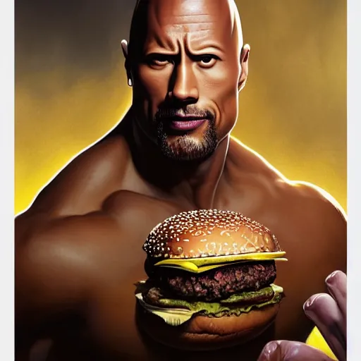 Prompt: portrait of Dwayne Johnson eating hamburgers, extra onions and ketchup, luscious patty with sesame seeds, feminine ethereal, handsome, D&D, fantasy, intricate, elegant, highly detailed, digital painting, artstation, concept art, matte, sharp focus, illustration, art by Artgerm and Greg Rutkowski and Alphonse Mucha