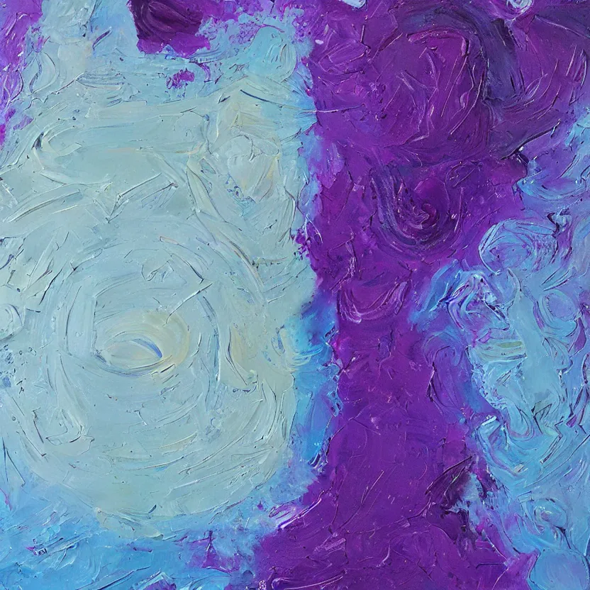 Image similar to abstract multiple layers of purple and blue shades paint dripping and running in a circular pattern in the rough form of a head, oil on canvas, detailed