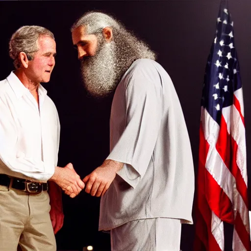 Image similar to george w bush shaking hands with osama bin laden, 8k cinematic lighting, very sharp detail, anatomically correct