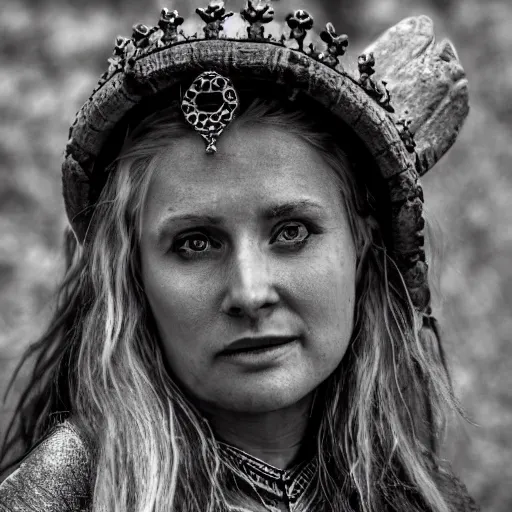 Prompt: real photo of a beautiful viking queen, macro 20mm