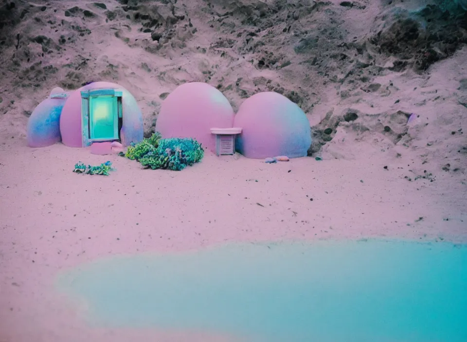 Image similar to a pastel coloured vintage family holiday photo of an empty beach from an alien dreamstate world with chalky pink iridescent!! sand, reflective lavender ocean water, dim bioluminescent plant life and an igloo shaped plastic transparent restaurant including clutter opposite a pit with an iridescent blue flame flickering. glare. refraction, volumetric light.