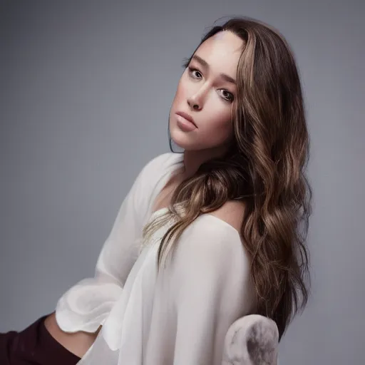 Image similar to alycia debnam-carey sitting on chair posing for photo, award winning photography, HDR, studio lighting, dynamic pose, medium close shot, shot on Canon EOS R5, f/1.8,