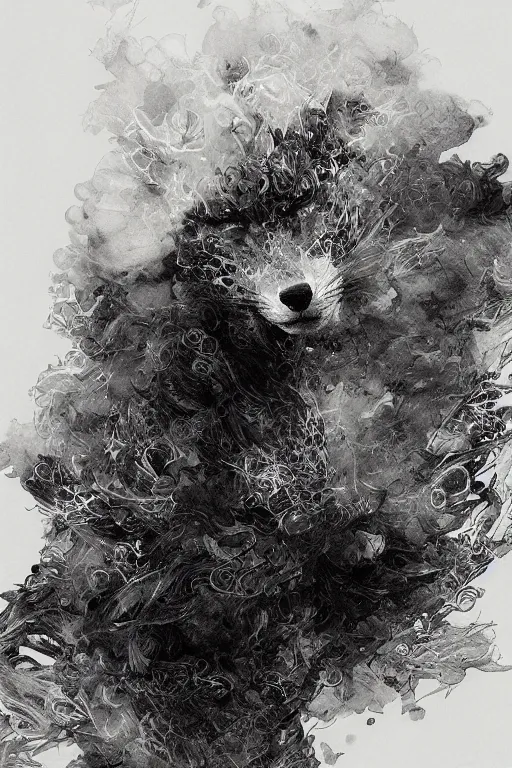 Image similar to portrait of a void fox in black suit surrounded by smoke fumes,, pen and ink, intricate line drawings, by craig mullins, ruan jia, kentaro miura, greg rutkowski