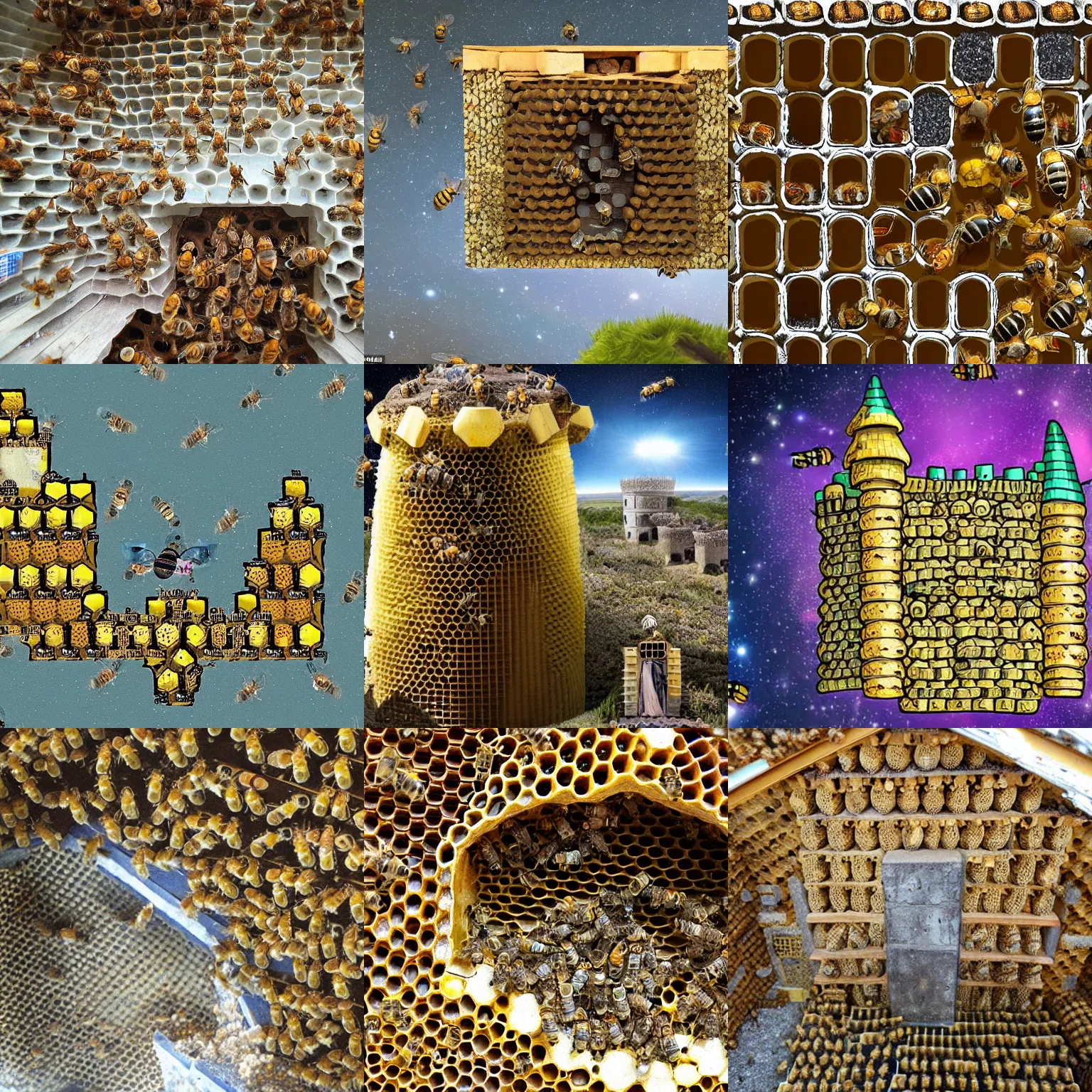 Prompt: inside a beehive castle inhabited by bees, presided over by a queen bee, in space