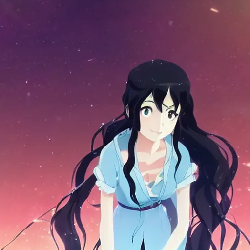 Prompt: a girl in her 2 0 s with wavy black hair, anime fantasy illustration by makoto shinkai and tomoyuki yamasaki, madhouse, ufotable