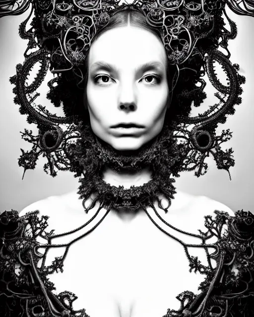 Image similar to surreal black and white photo portrait of complex bio-mechanical beautiful young female vegetal-cyborg with a Mandelbrot fractal steampunk metal fine lace face, curled silver hair and a fine metal floral foliage super big lace collar by Alexander McQueen:: high fashion, haute couture, rococo, steampunk, silver filigree details, anatomical, facial muscles, cable wires, microchip, elegant, hyper realistic, 150 mm lens, soft rim light, octane render, unreal engine, picture was taken in 1910 by Dora Maar, volumetric lighting, 8k,