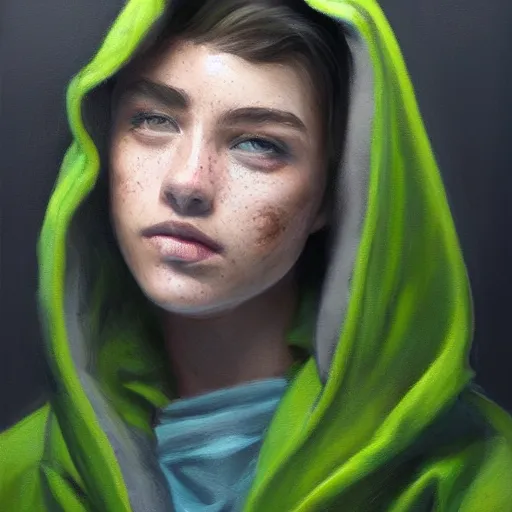 Image similar to woman with freckles, short brown hair, green eyes, wearing a grey hooded sweatshirt, trending on artstation, oil painting, volumetric light