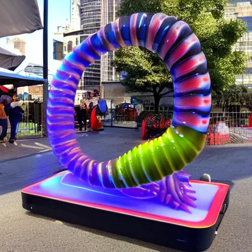 Prompt: a futuristic robotic gummi worm. dramatic product lighting. it's a gummi with extra juiciness. but it's also a worm. ick. in a magical side alley, the worm is on display in a trendy food truck display. digital reality.