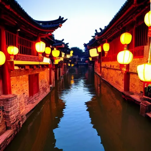 Image similar to beautiful and peaceful ancient water town in the south of china, zhouzhuang ancient town, movie style, warm color to move, boats, evening lanterns, the glow of the sunset on the water, lanterns in the sky at night, highly detailed, 4 k