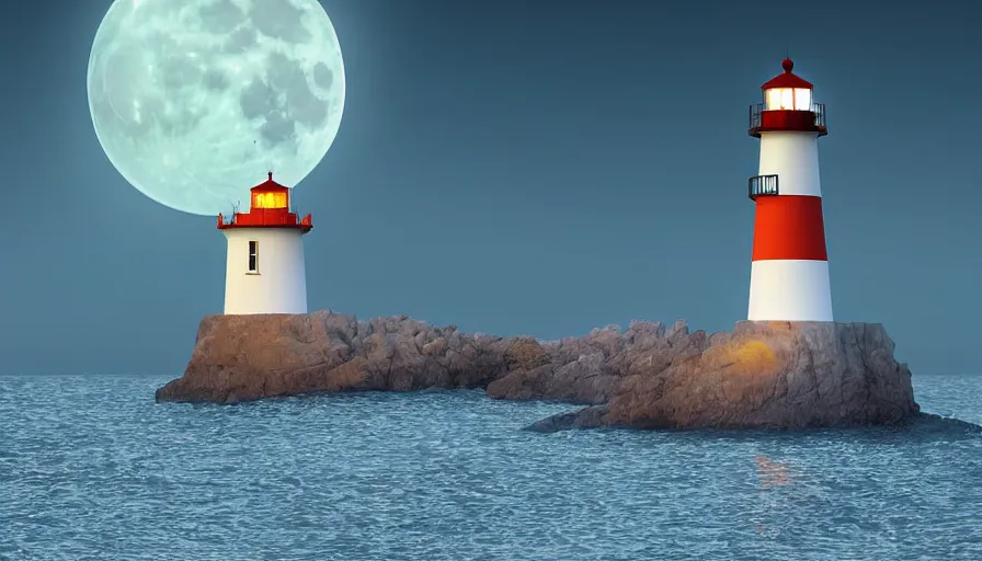 Image similar to a large full moon over a lighthouse out at sea, digital art, highly detailed, realistic, bright colors, 8 k