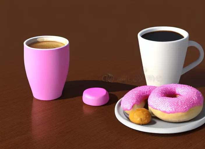 Prompt: A pink donut next to cup of coffee, blender render