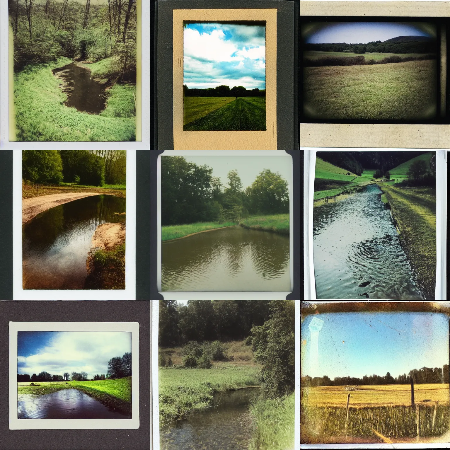 Prompt: countryside water, polaroid