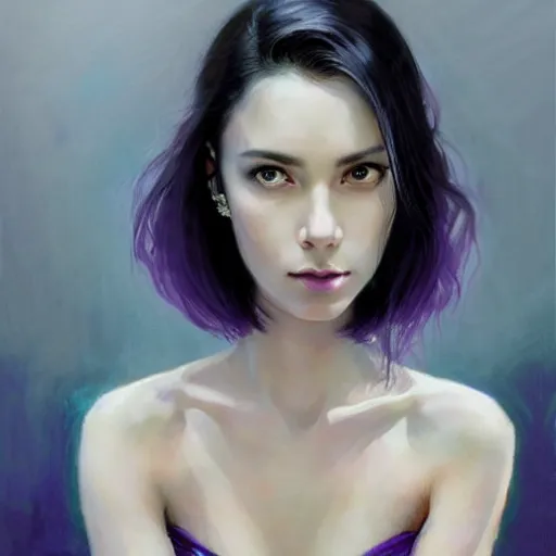 Prompt: facial portrait of a young pretty woman in flowing dress, arrogant, mysterious, long fine purple hair, delicate, looking at camera!!!, slightly awkward smile!, realistic face, no hands visible, intricate, stylish, elegant, grimdark fantasy, vibrant, extremely detailed painting by Greg Rutkowski and Steve Henderson and Harumi Hironaka