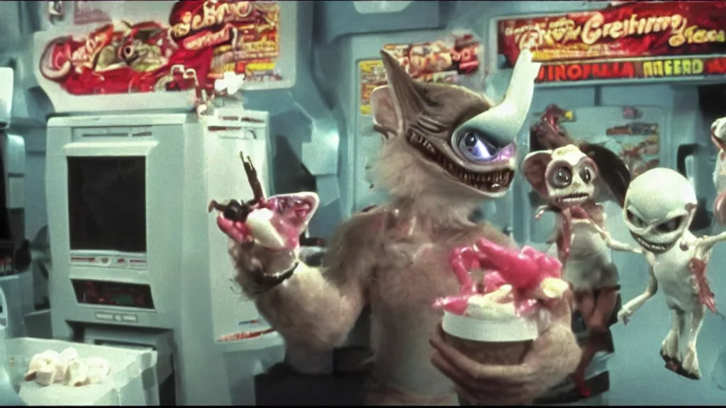 Image similar to Hyperreal Gremlins disguised as casino arcade machines dispense experimental ice cream vaccine derived from predator, xenomorph and furby goosebumps goo in downtown silicon valley, film still from banned media Gremlins 3 New World Order, directed by REDACTED circa 1992 | text reads \'Gremlins 3 New World Order\' | Gremlins