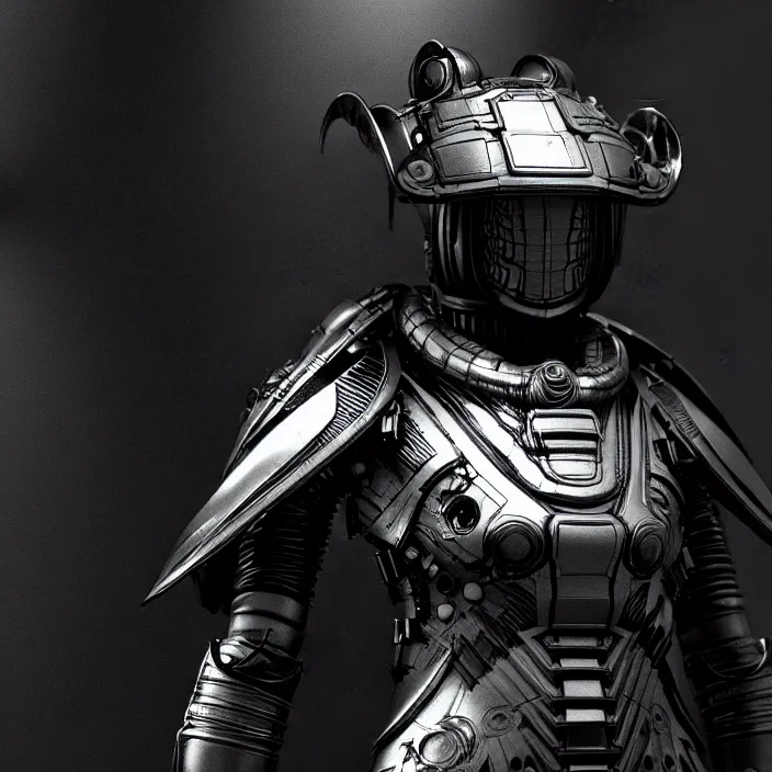 Image similar to a character in an spaceship by nihei tsutomu, dramatic black and white, obsidian dark black armor, highly detailed, 3 d render, vray, octane, realistic lighting