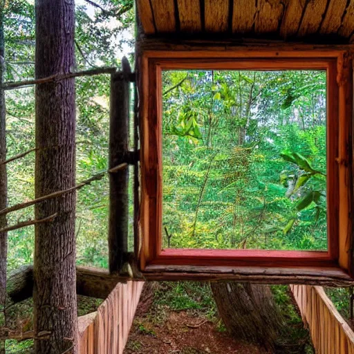 Prompt: view of the forest through a window in a tree house