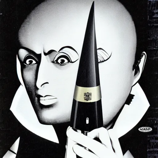 Prompt: a high quality product photo ad of klaus nomi with a technical reed rollerball pen exacto knife by junji ito, ethereal eel ( 1 9 8 1 )