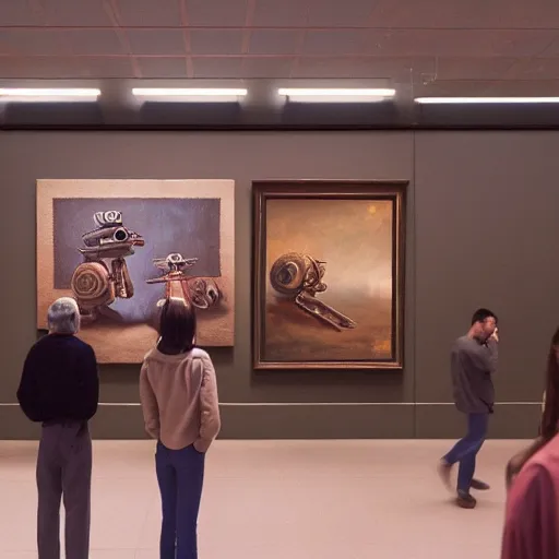 Prompt: wide - shot photo of museum visitors looking at paintings of droids by shaun tan, at the sitting couch, codachrome, 8 k, hd, highly detailed,