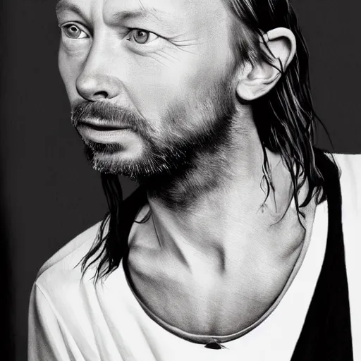 Prompt: photograph of print of thom yorke picture on a table, hyper realistic, variations of thom yorke, high quality photograph, mixed styles, intricate details, diverse