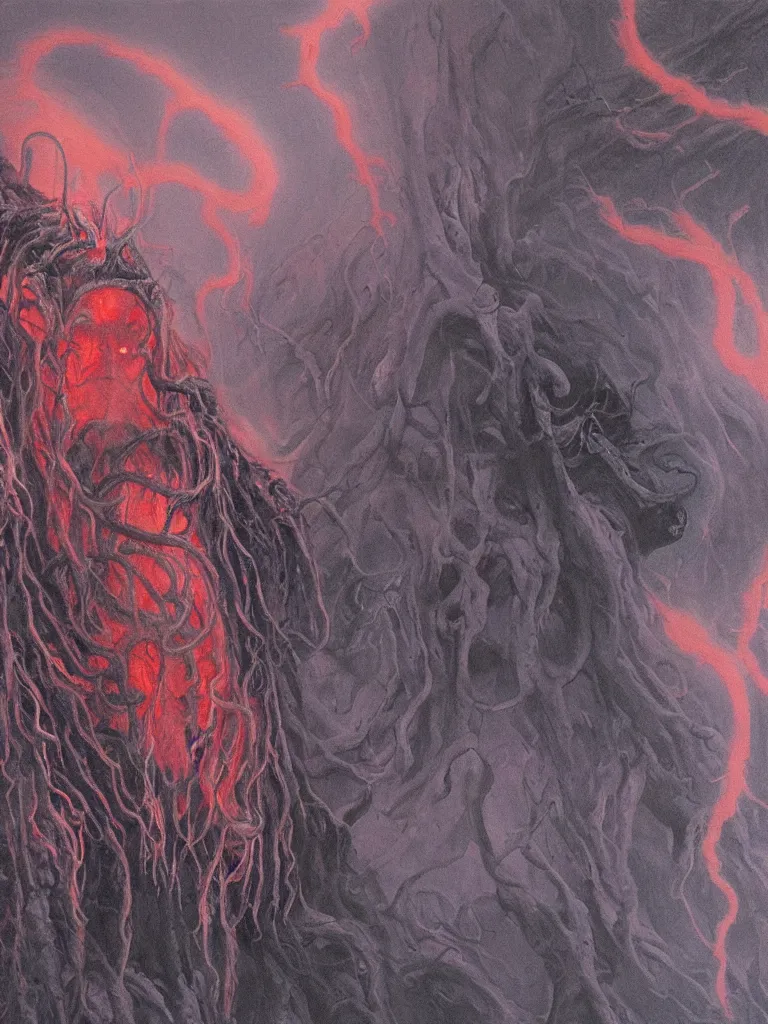 Image similar to painting by wayne barlowe of a flying sorrowful looking severed human head with tears running down it's eyes, face that is chalk white in color, with long sprawling white tentacles stemming down it's neck, fiery scorching red eyes, flying inside a terrifying hellish cave with lava flowing through it's walls, 4 k