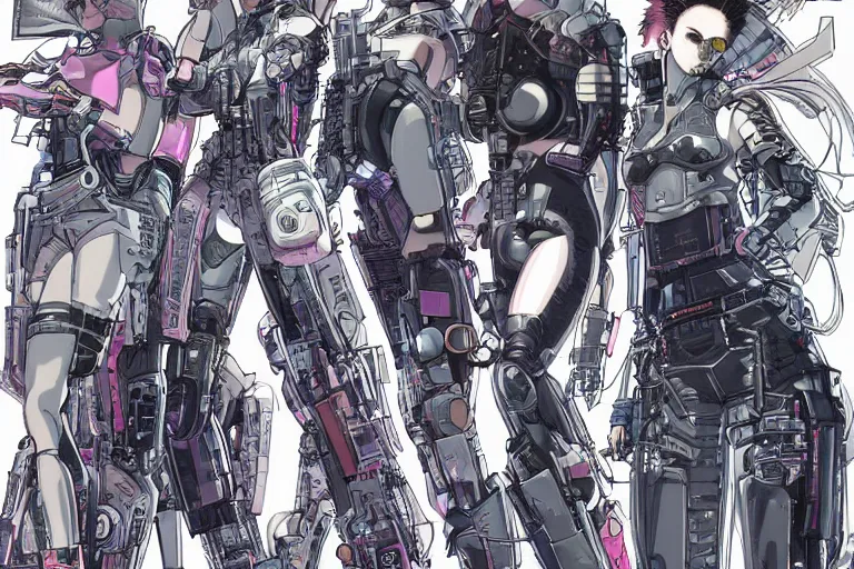 Image similar to a cyberpunk illustration of a group of four female androids in style of masamune shirow, lying scattered across an empty, white floor with their bodies rotated in different poses and cables and wires coming out, by yukito kishiro and katsuhiro otomo, hyper-detailed, intricate