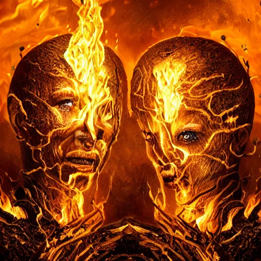 Image similar to two human souls together, stuck, glue dripping souls, extremely detailed, insanely detailed and intricate, high detail, golden fire with smoke background, depth field, unreal engine, 4 k concept art and hyper realism