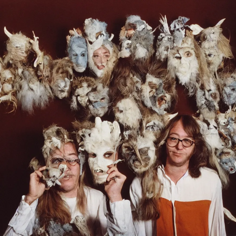 Image similar to 7 0 s movie still of cult member with taxidermic moth masks, cinestill 8 0 0 t 3 5 mm, heavy grain, high quality, high detail