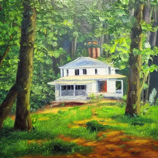 Prompt: detailed oil painting, house in forest