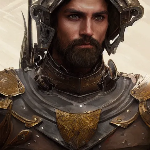 Prompt: portrait of a rugged male armored paladin, D&D, fantasy, intricate, elegant, highly detailed, digital painting, artstation, concept art, smooth, sharp focus, illustration, art by artgerm and greg rutkowski and alphonse mucha