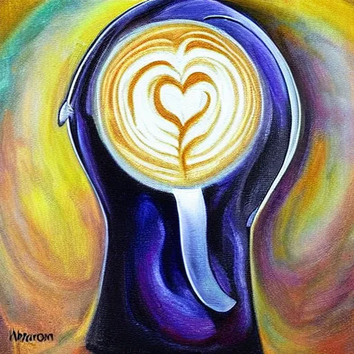 Image similar to A painting. A rip in spacetime. Did this device in his hand open a portal to another dimension or reality?! latte art, pewter by Marianne von Werefkin soft