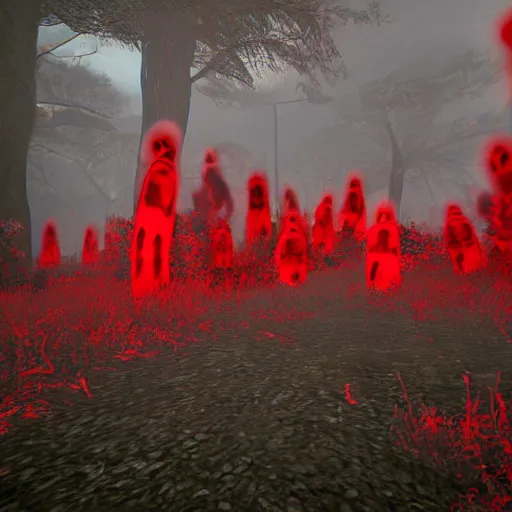 Image similar to a terrifying environment with red ghosts in it