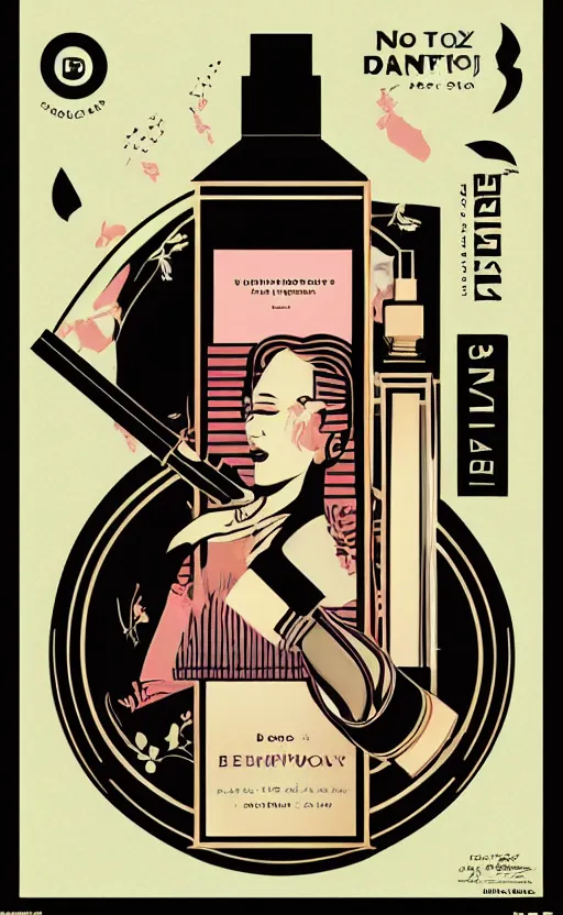 Image similar to illustration, close - up photo with beautiful bottle of perfume near nose, sniffing the aroma, an art deco painting by tom whalen, trending on behance, art deco, digital illustration, storybook illustration, grainy texture, flat shading, vector art, airbrush, pastel, watercolor, poster