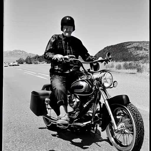 Prompt: B&W photo of ray Sammons riding a Harley Davidson motorcycle in Montana