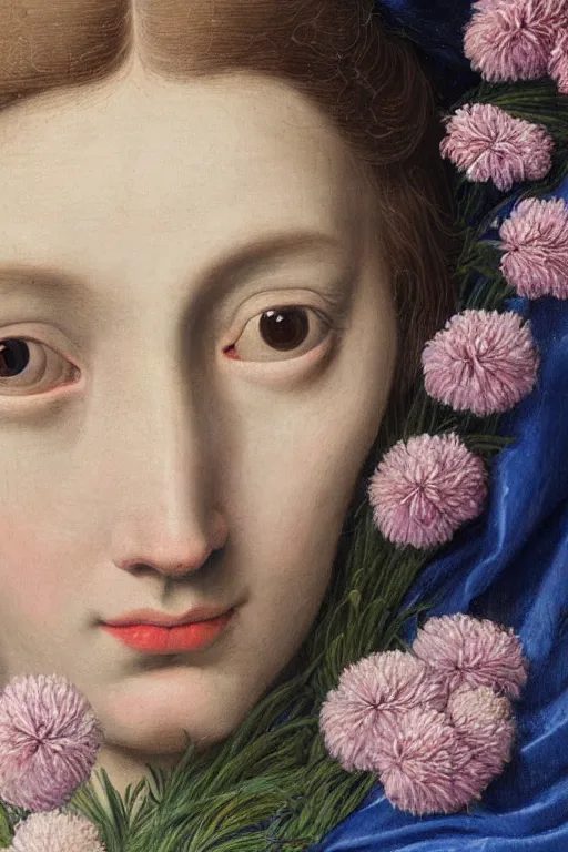 Prompt: hyperrealism close - up mythological portrait of a medieval woman's face partially made of flowers and grass in style of classicism, wearing silver silk robe, blue palette