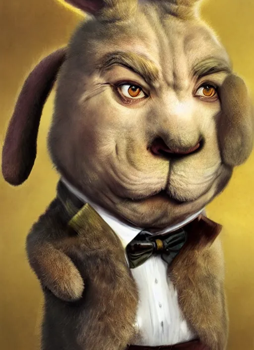 Image similar to hyper realistic, portrait of a derpy half mr. bean, half big chungus, with bunny rabbit ears, very fuzzy, furry, smoking weed, by greg rutkowski, scott m fischer, artgerm, loish, slight glow, atmospheric, anne stokes, alexandros pyromallis, 4 k, 8 k