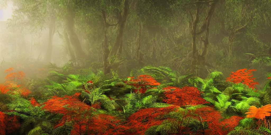 Image similar to a beautiful landscape of a foggy jungle, red and orange color scheme, hyperdetailed, vivid colors, photorealist, 4 k