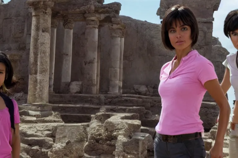 Image similar to Isabela Merced as Dora the Explorer wearing a pink shirt vs Angelina Jolie as Lara Croft wearing a white shirt standing in an ancient temple, high resolution movie still, film by Simon West